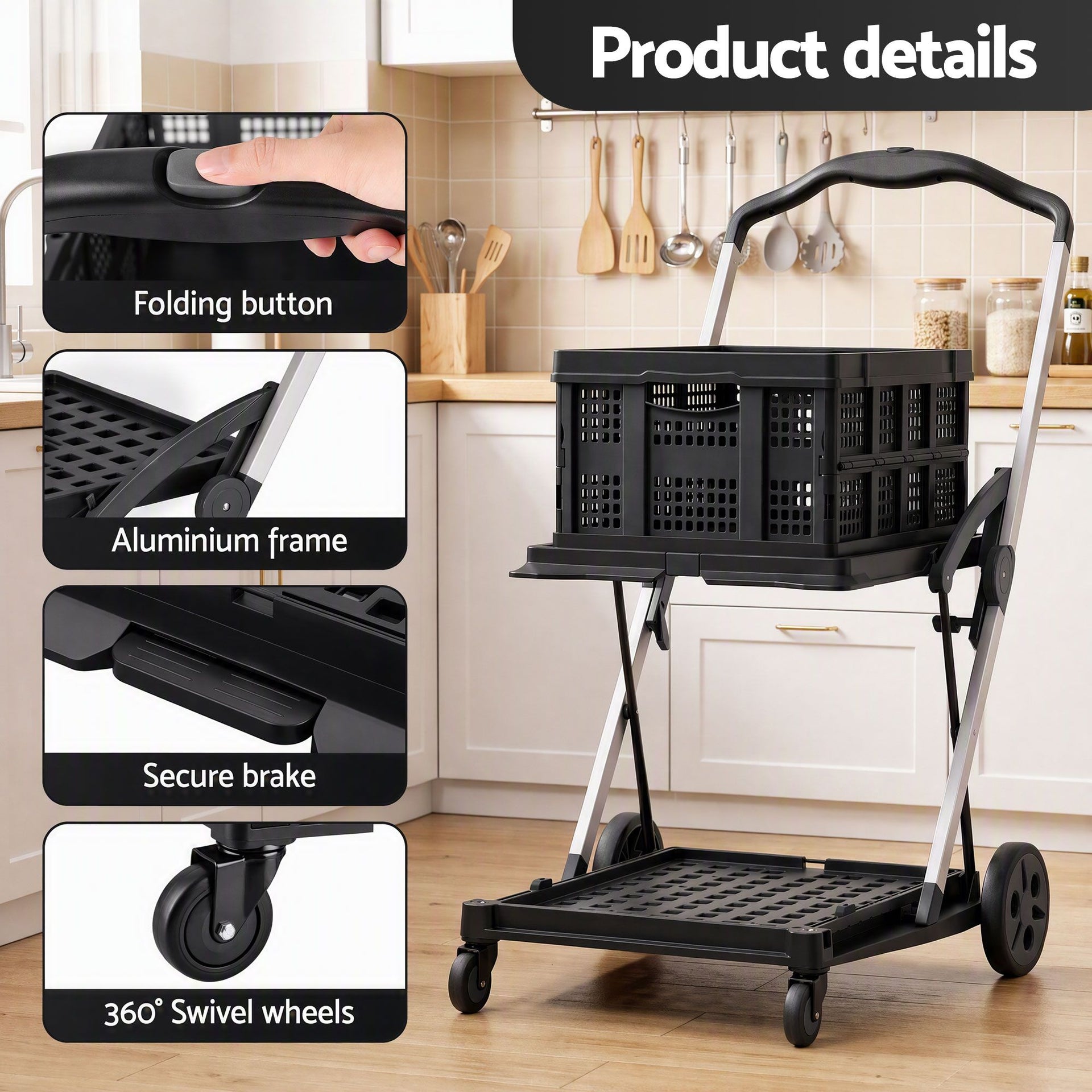 Artiss Shopping Trolley with Wheels 2 Layer w/2 Crates Foldable Trolley Black Awezingly