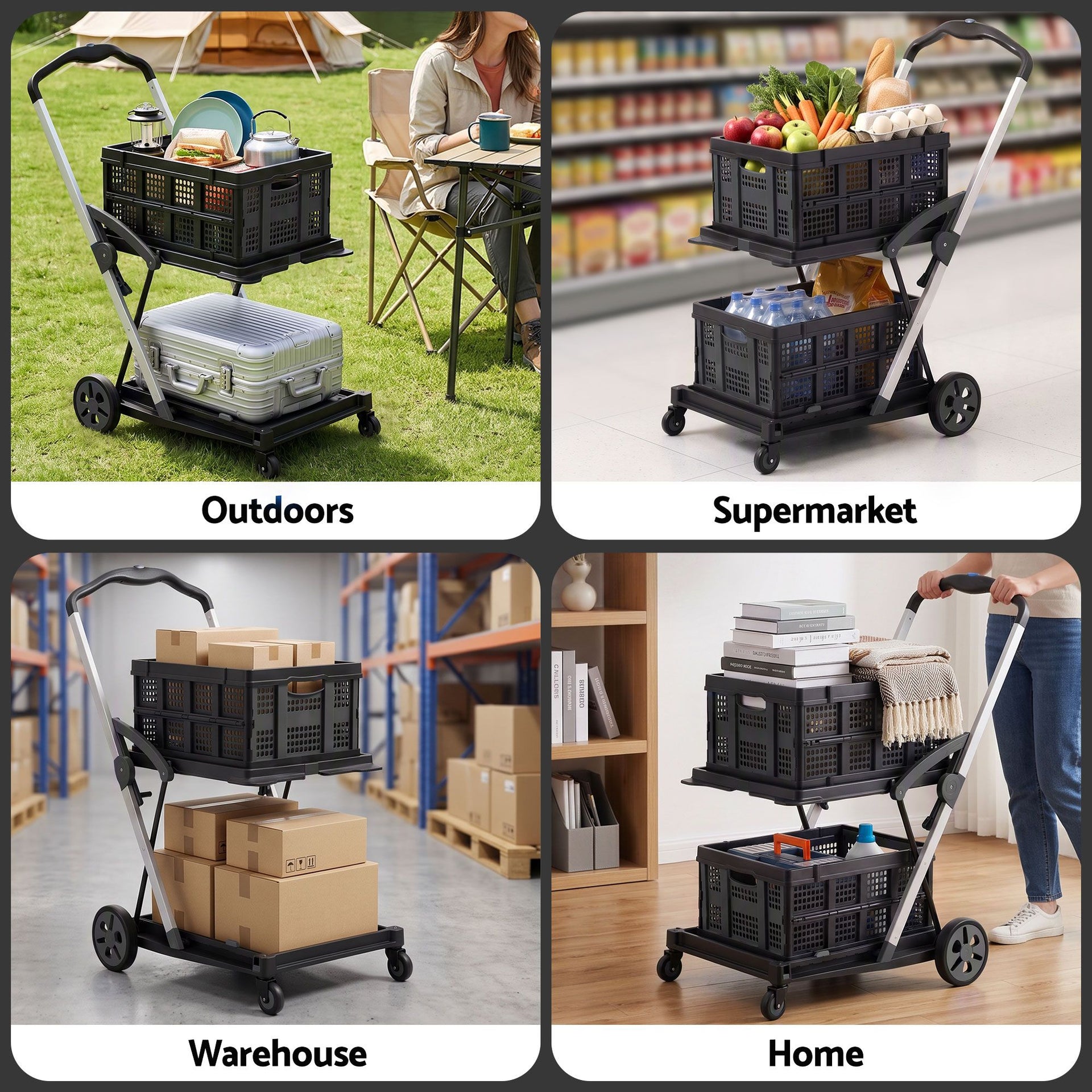 Artiss Shopping Trolley with Wheels 2 Layer w/2 Crates Foldable Trolley Black Awezingly
