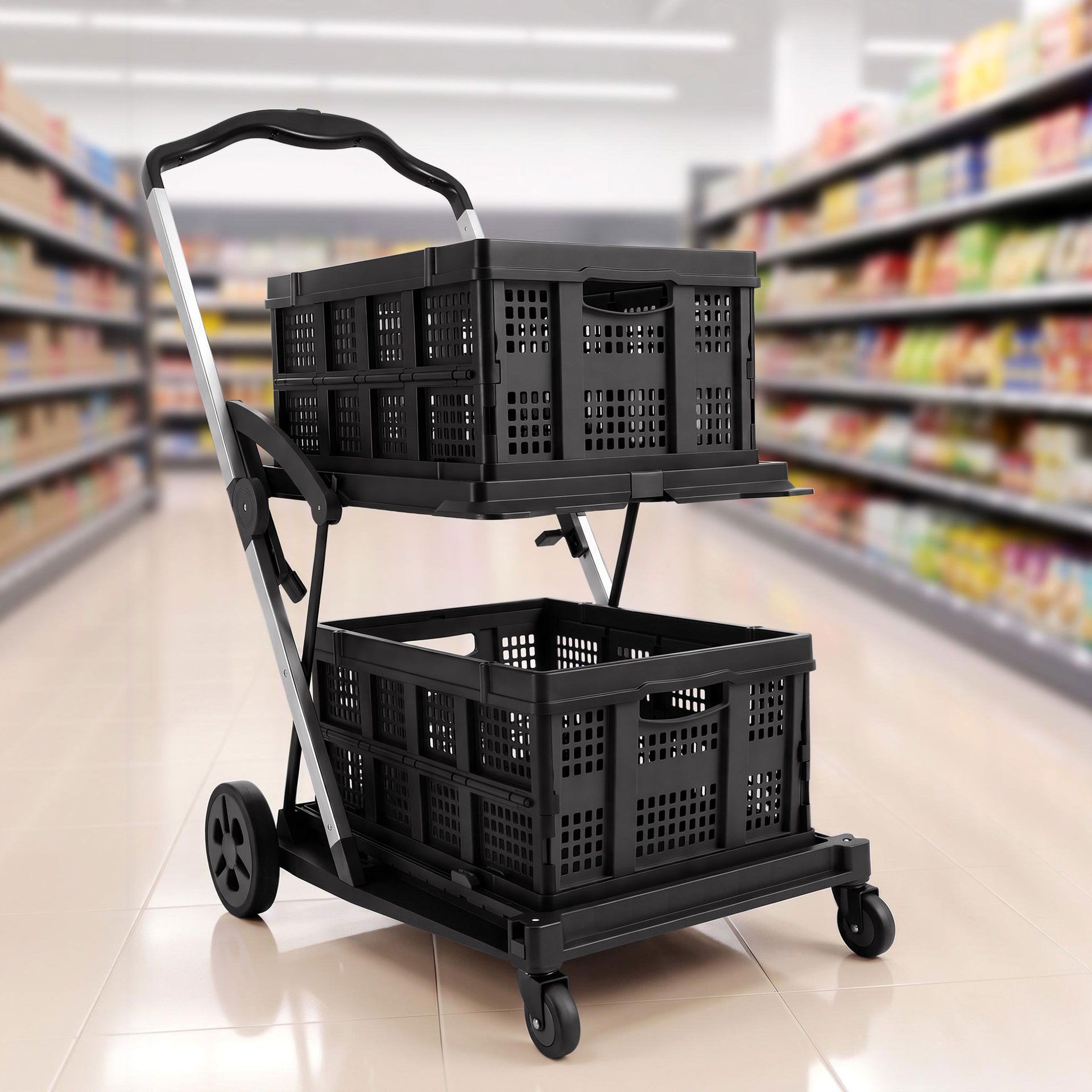 Artiss Shopping Trolley with Wheels 2 Layer w/2 Crates Foldable Trolley Black Awezingly