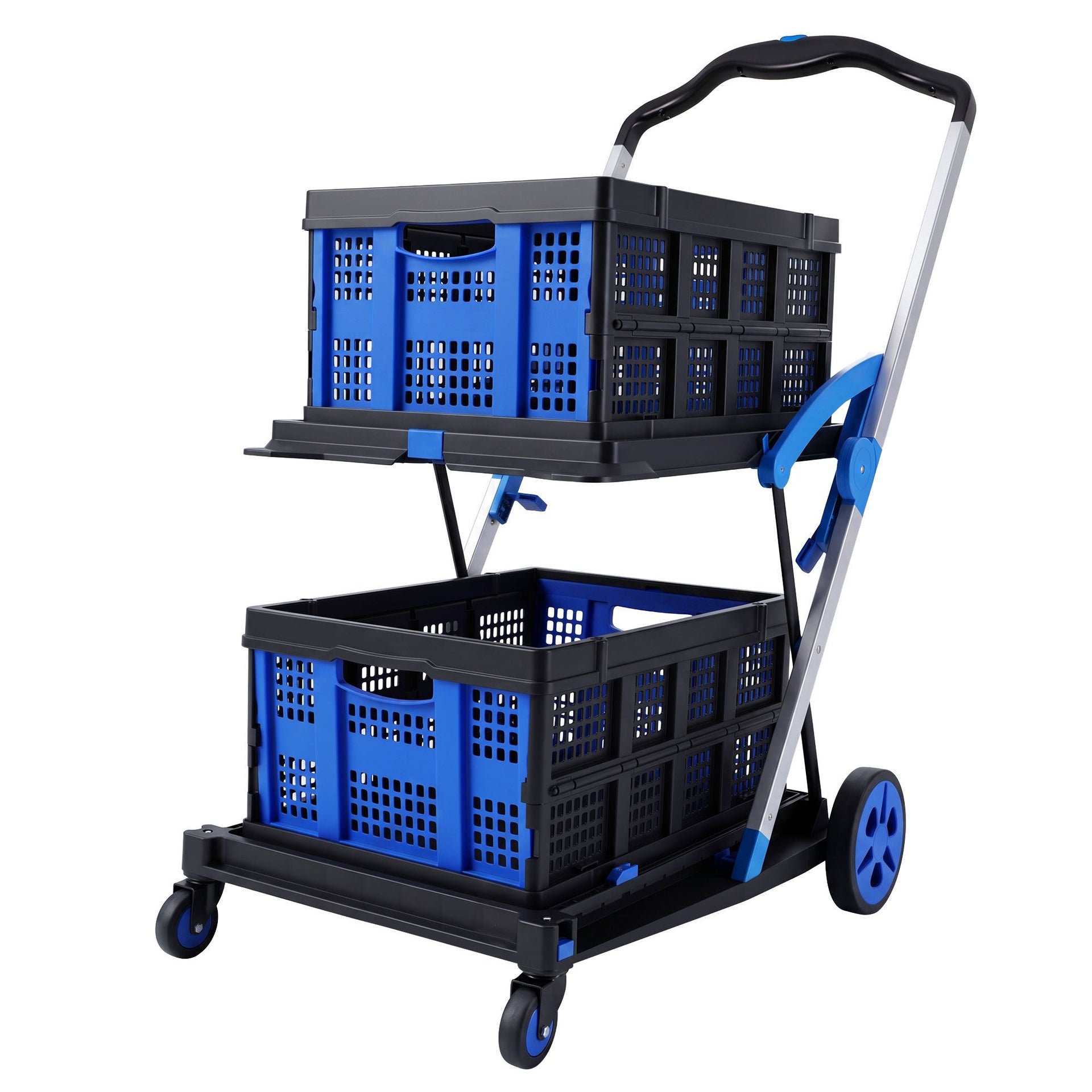 Artiss Shopping Trolley with Wheels 2 Layer w/2 Crates Foldable Trolley Blue Awezingly