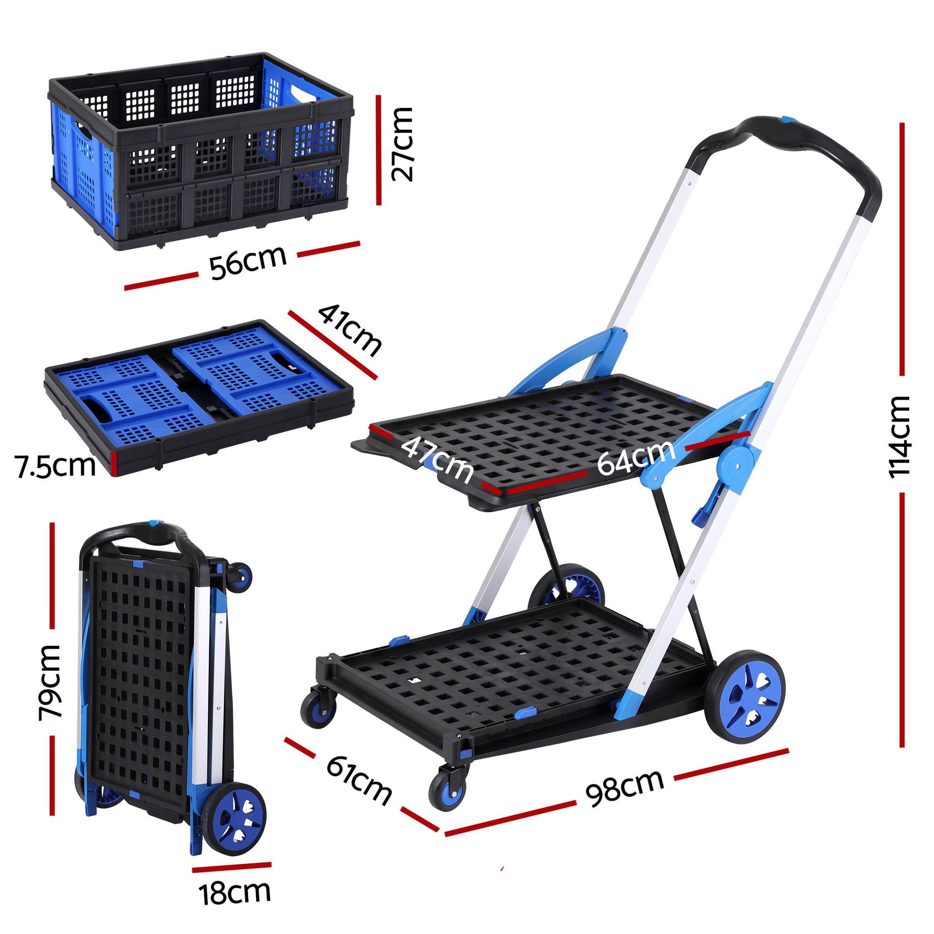Artiss Shopping Trolley with Wheels 2 Layer w/2 Crates Foldable Trolley Blue Awezingly