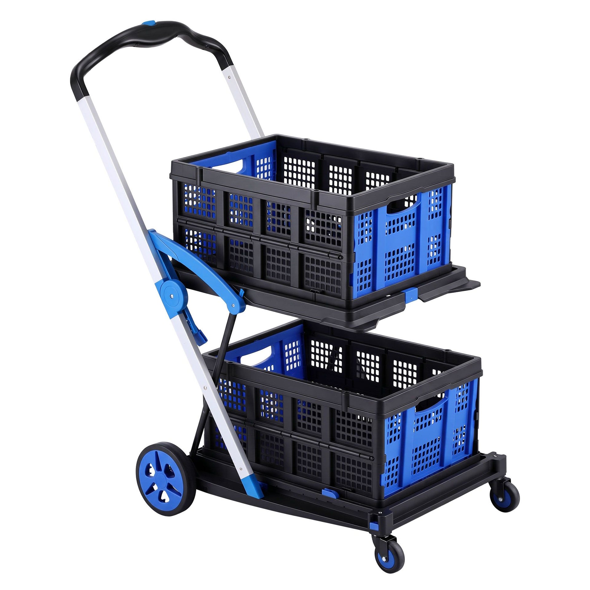 Artiss Shopping Trolley with Wheels 2 Layer w/2 Crates Foldable Trolley Blue Awezingly