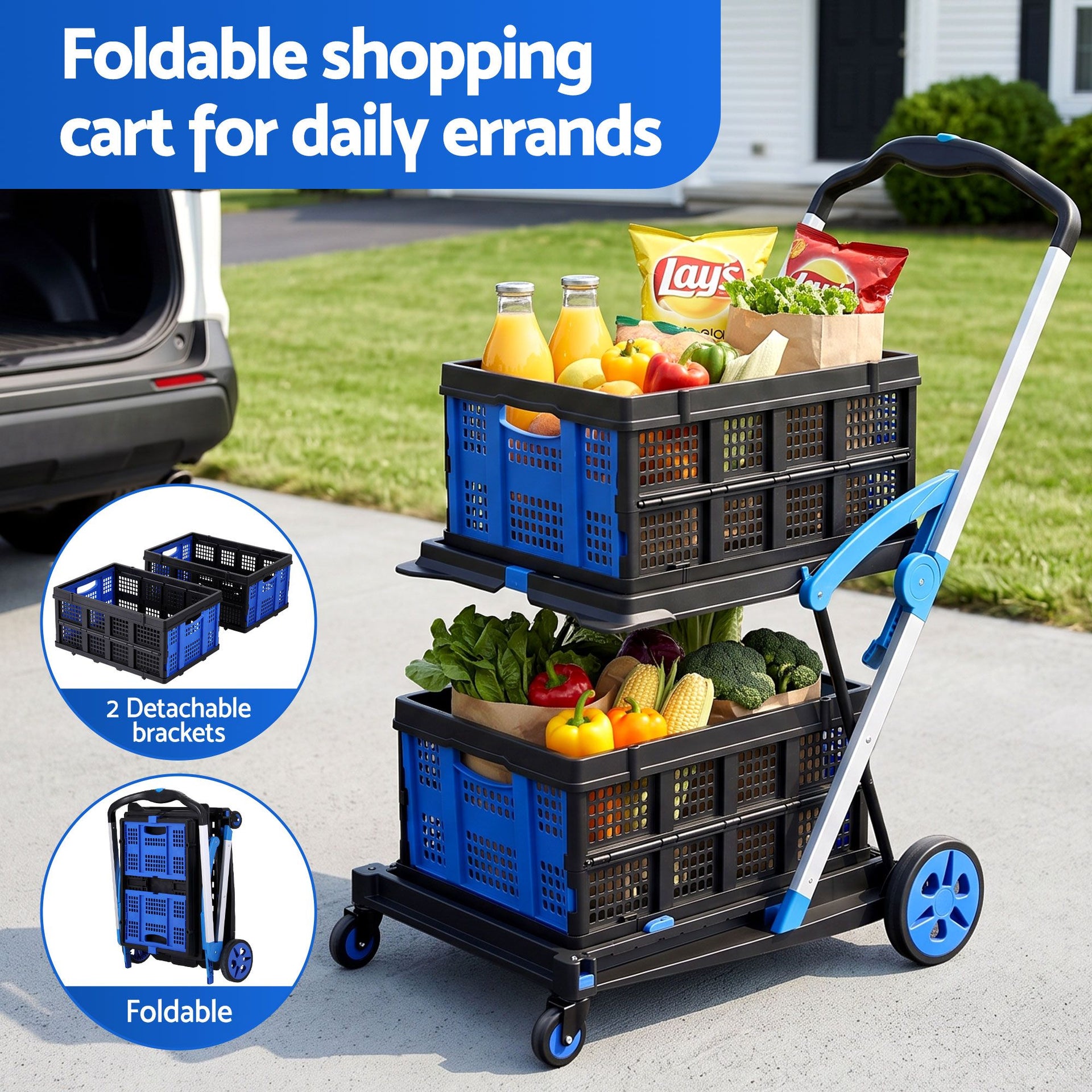 Artiss Shopping Trolley with Wheels 2 Layer w/2 Crates Foldable Trolley Blue Awezingly