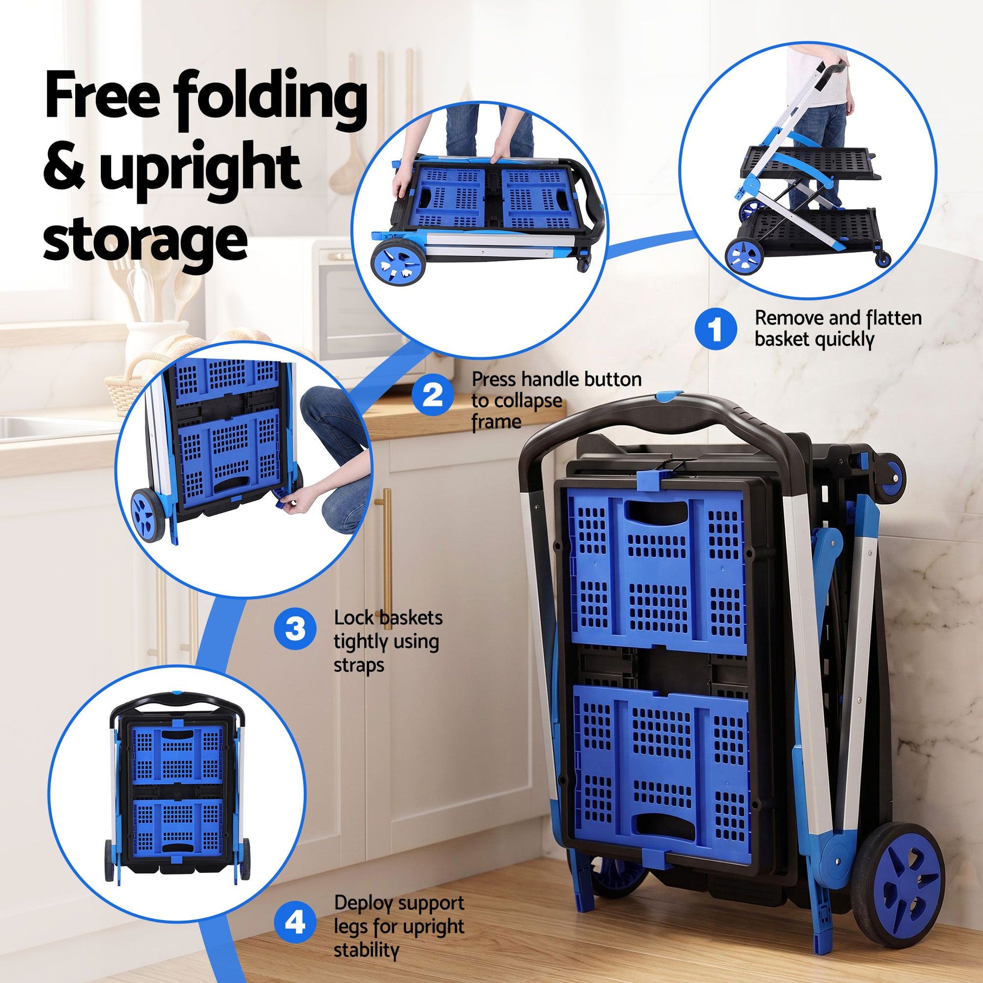 Artiss Shopping Trolley with Wheels 2 Layer w/2 Crates Foldable Trolley Blue Awezingly
