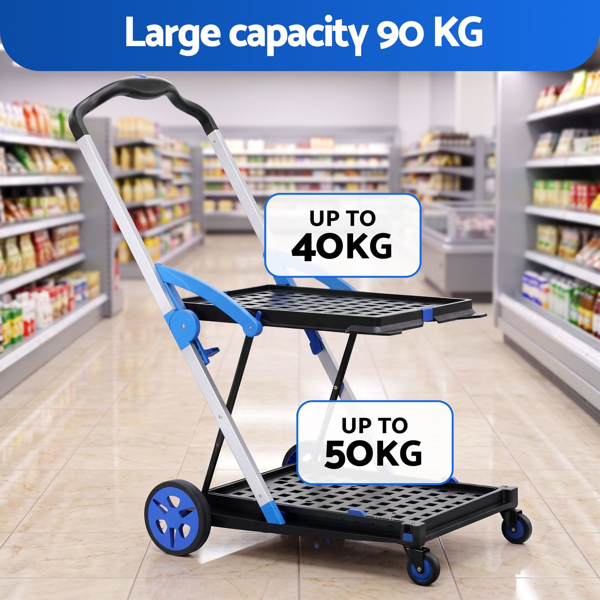 Artiss Shopping Trolley with Wheels 2 Layer w/2 Crates Foldable Trolley Blue Awezingly