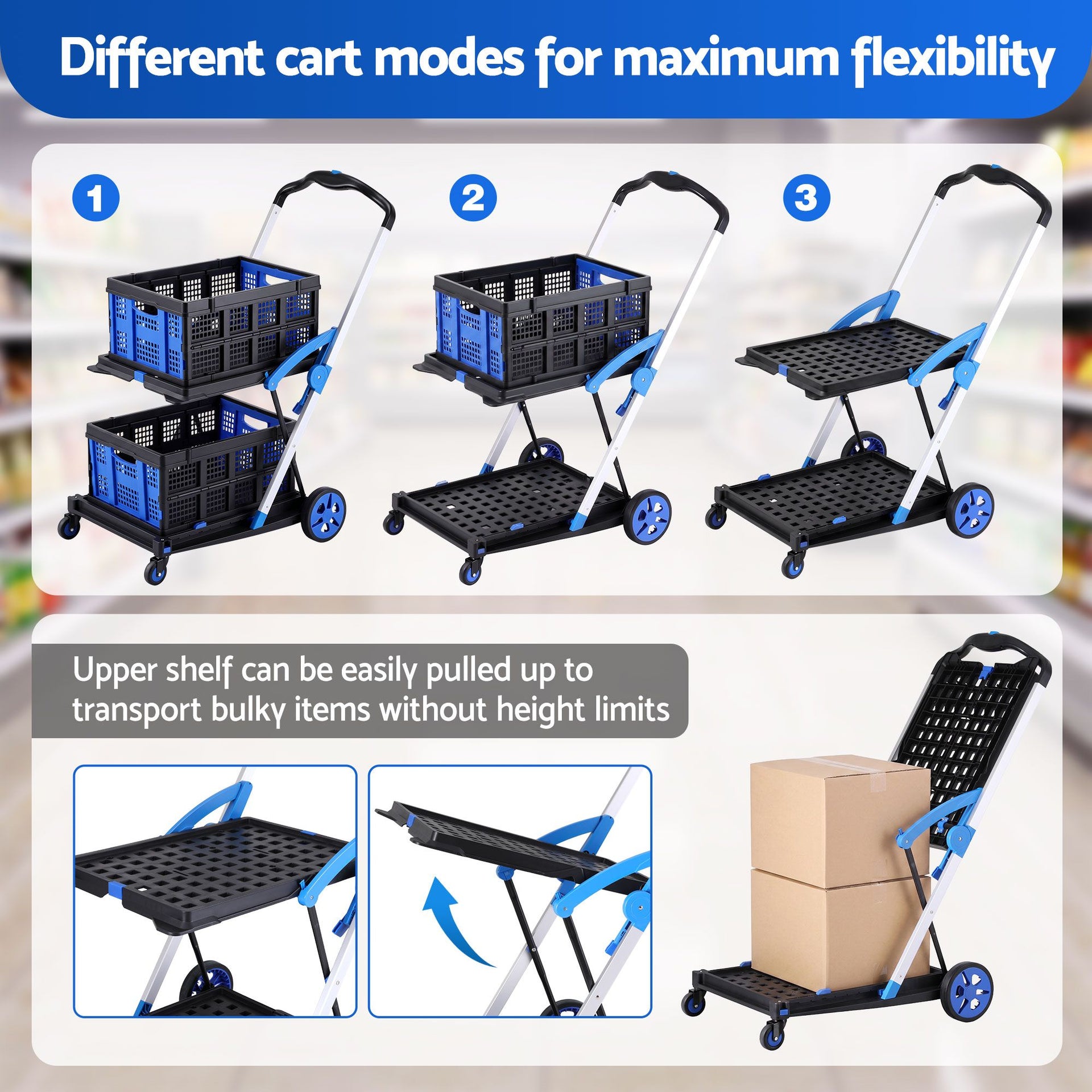 Artiss Shopping Trolley with Wheels 2 Layer w/2 Crates Foldable Trolley Blue Awezingly