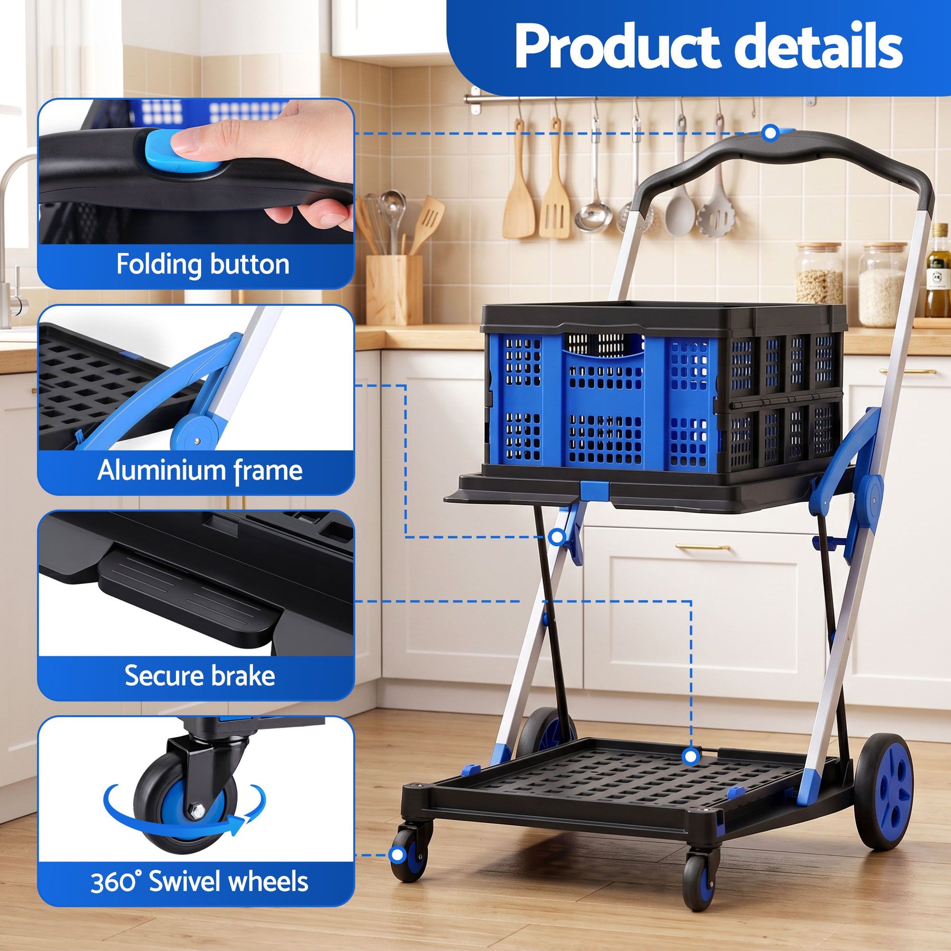 Artiss Shopping Trolley with Wheels 2 Layer w/2 Crates Foldable Trolley Blue Awezingly