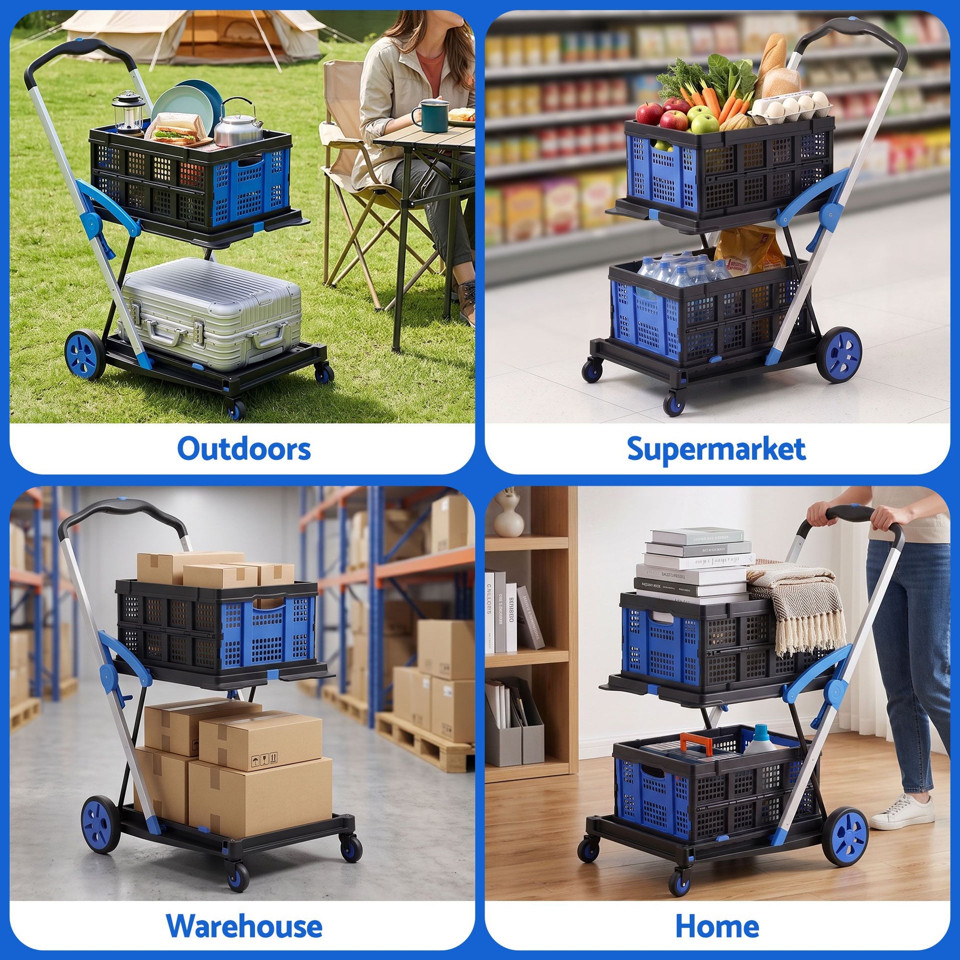 Artiss Shopping Trolley with Wheels 2 Layer w/2 Crates Foldable Trolley Blue Awezingly