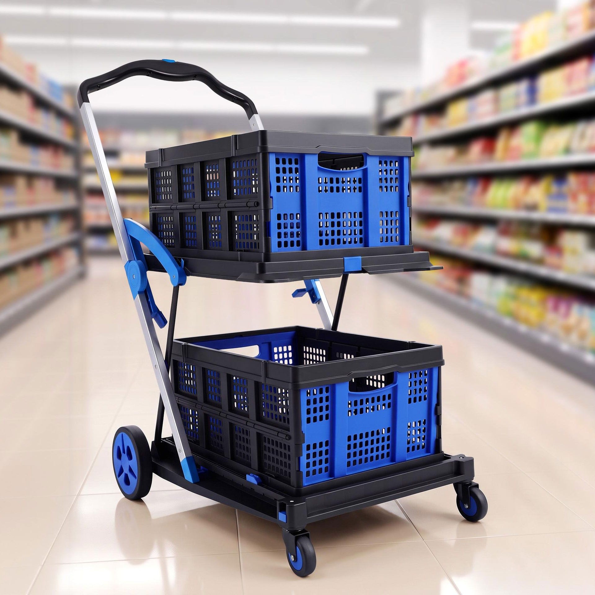 Artiss Shopping Trolley with Wheels 2 Layer w/2 Crates Foldable Trolley Blue Awezingly