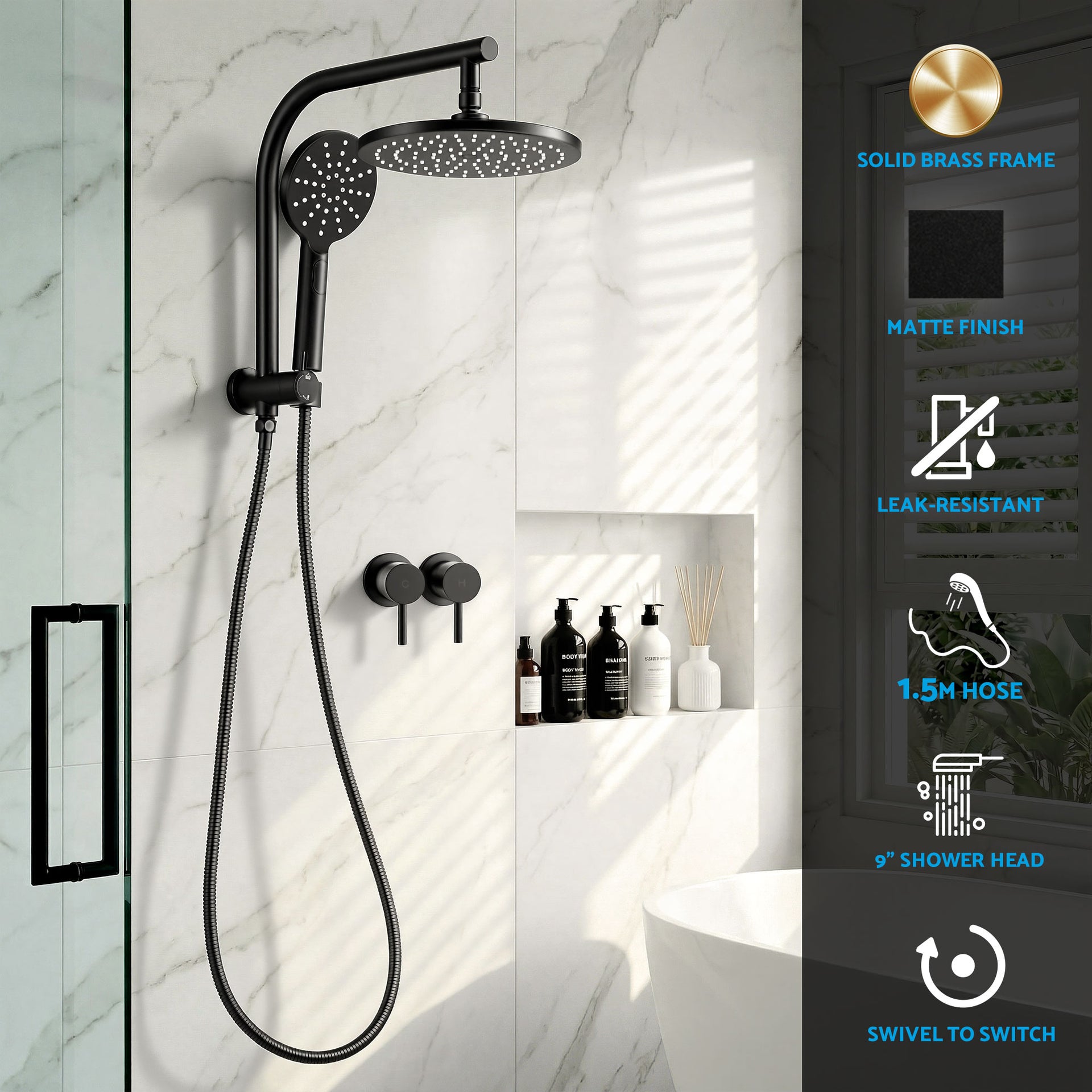 Cefito 9'' Rain Shower Head Set Handheld Round High Pressure Twins Tap Chrome Awezingly
