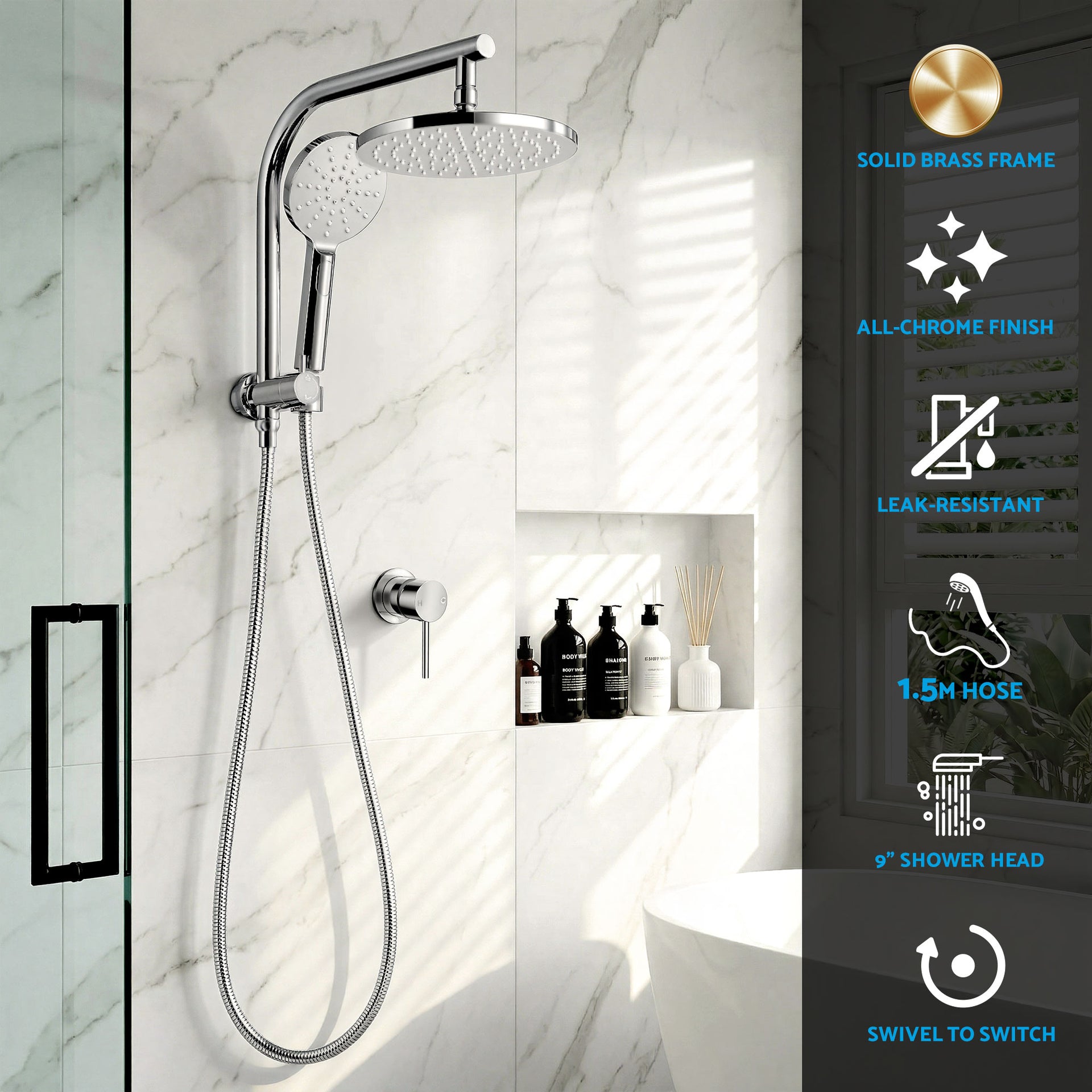 Cefito 9'' Rain Shower Head Set Handheld Round High Pressure Mixer Tap Chrome Awezingly