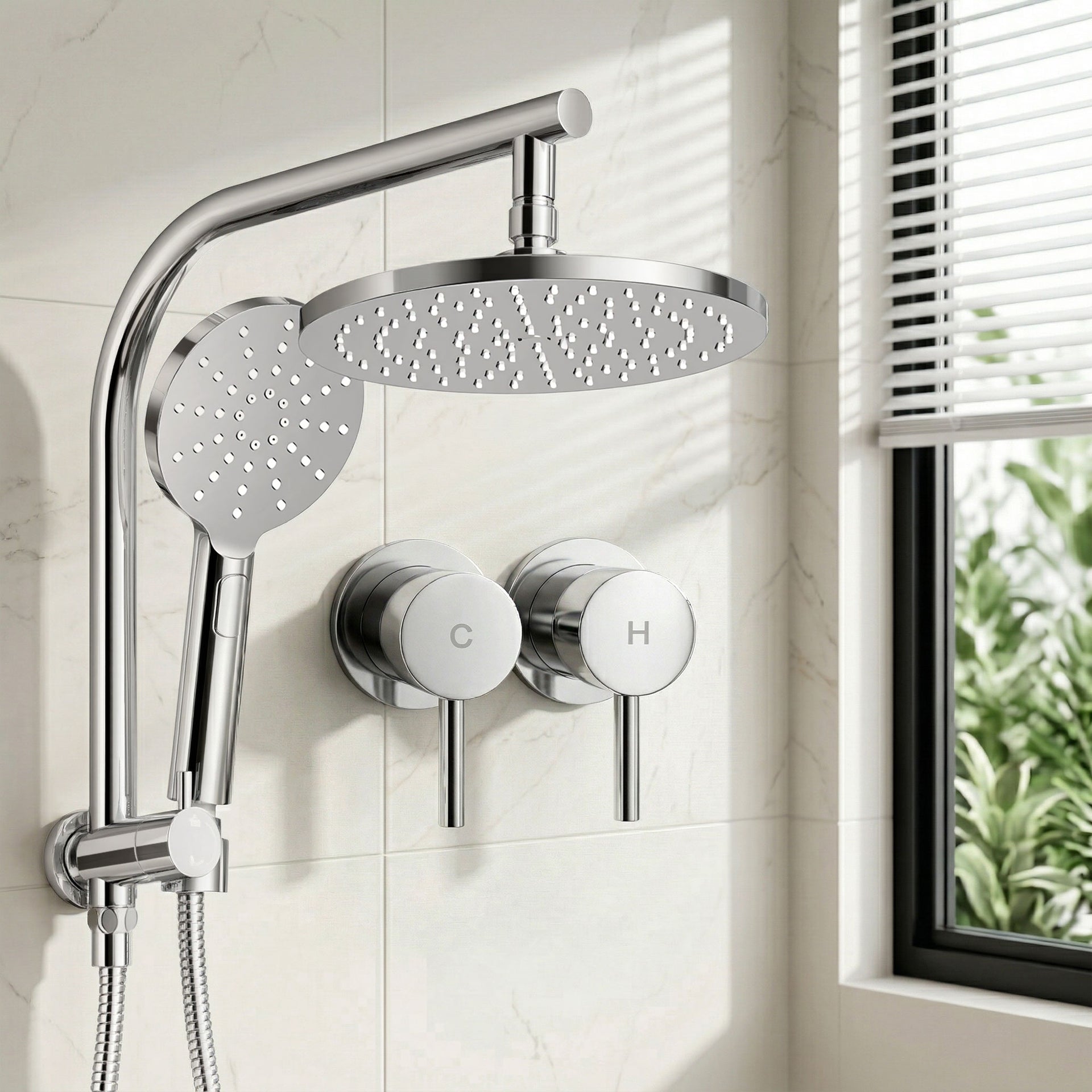 Cefito 9'' Rain Shower Head Set Handheld Round High Pressure Twins Tap Chrome Awezingly