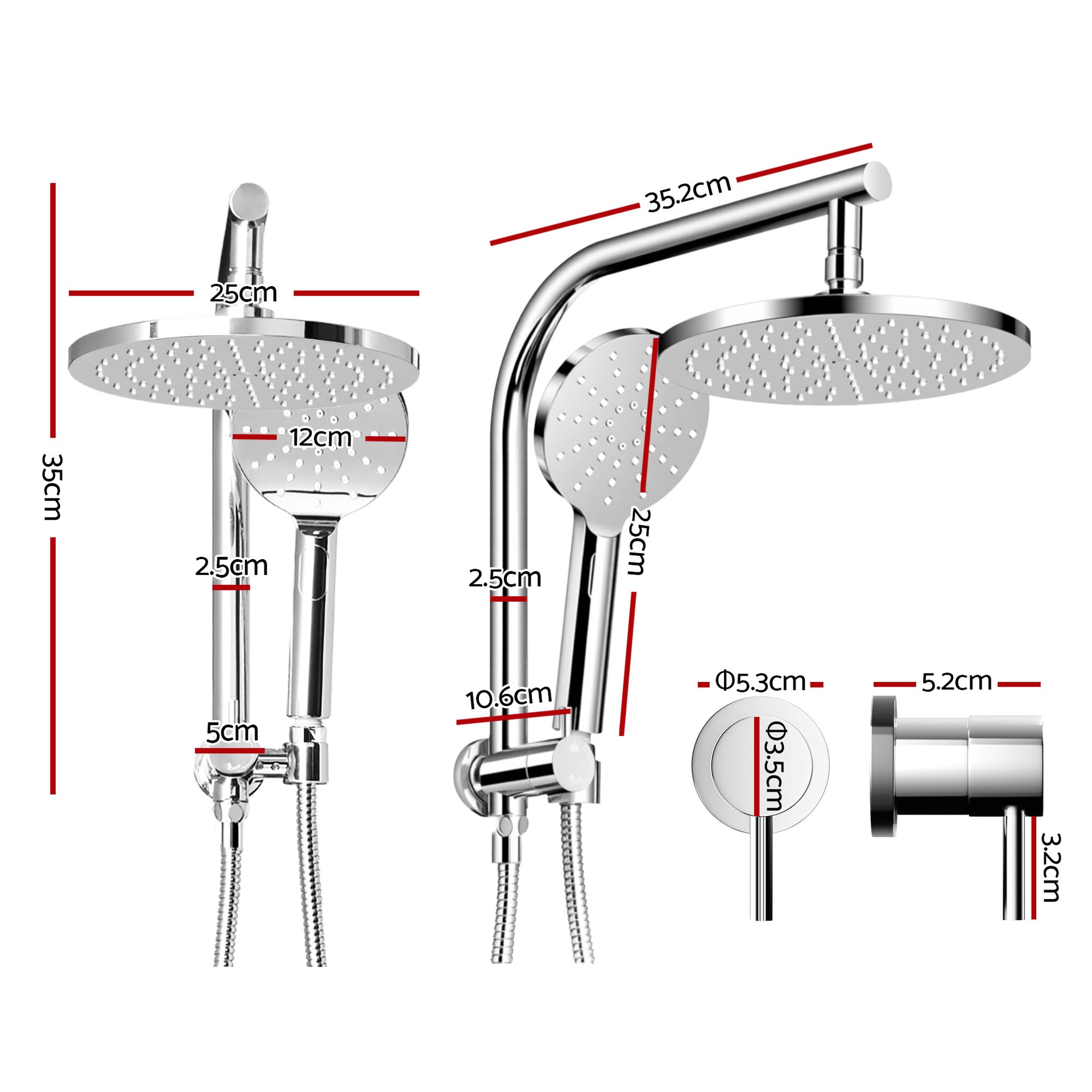Cefito 9'' Rain Shower Head Set Handheld Round High Pressure Twins Tap Chrome Awezingly