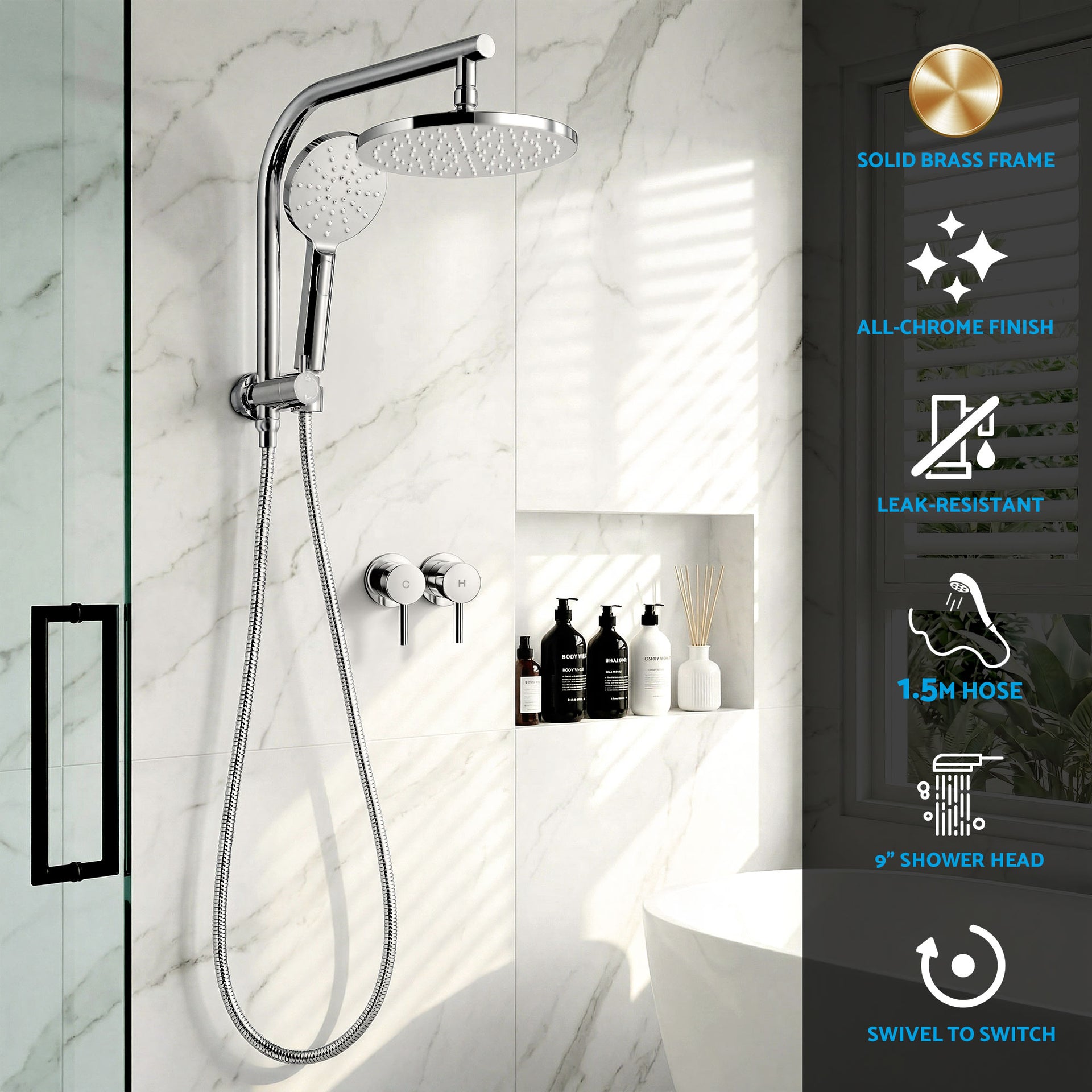Cefito 9'' Rain Shower Head Set Handheld Round High Pressure Twins Tap Chrome Awezingly