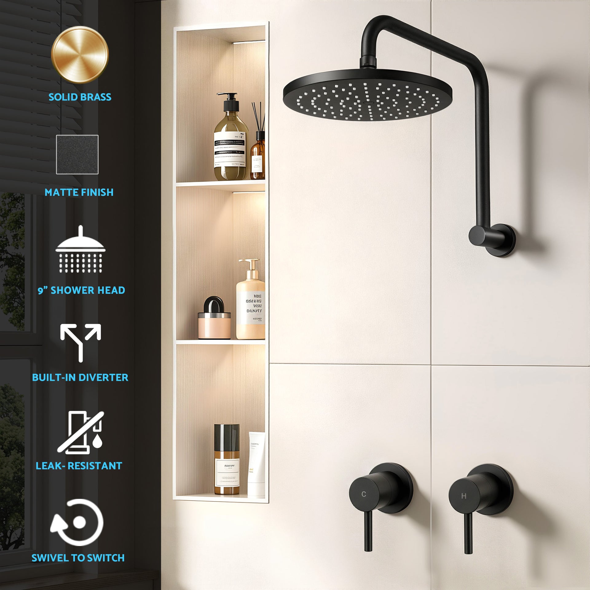 Cefito 9'' Rain Overhead Swivel Shower Head with Wall Twin Swivel Bathroom Tap Awezingly