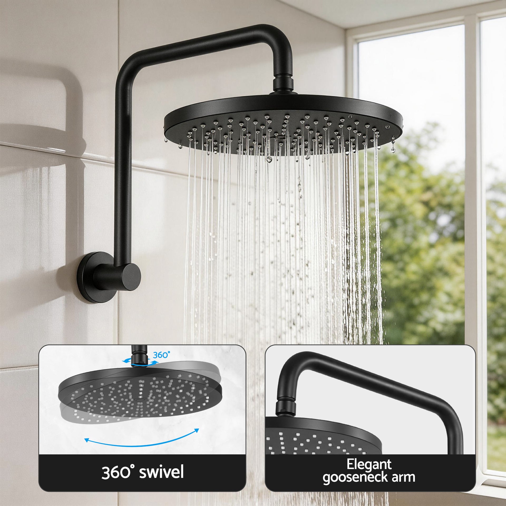 Cefito 9'' Rain Overhead Swivel Shower Head with Wall Twin Swivel Bathroom Tap Awezingly