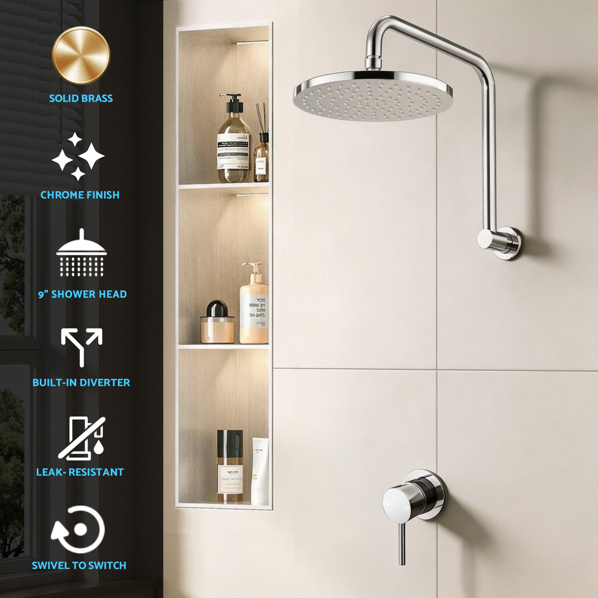 Cefito 9'' Rain Overhead Swivel Shower Head with Wall Bathroom Mixer Silver Awezingly