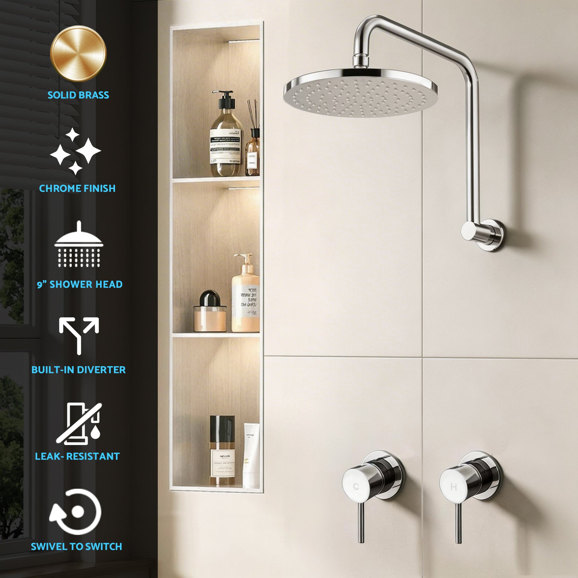 Cefito 9'' Rain Overhead Swivel Shower Head with Wall Twin Swivel Bathroom Tap Silver Awezingly