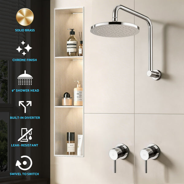 Cefito 9'' Rain Overhead Swivel Shower Head with Wall Twin Swivel Bathroom Tap Silver Awezingly
