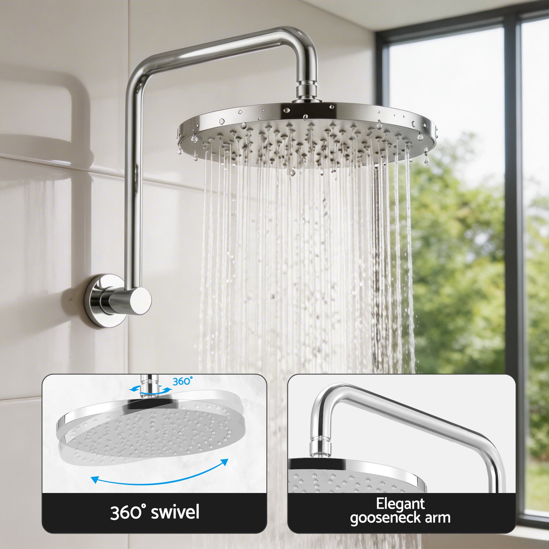 Cefito 9'' Rain Overhead Swivel Shower Head with Wall Twin Swivel Bathroom Tap Silver Awezingly