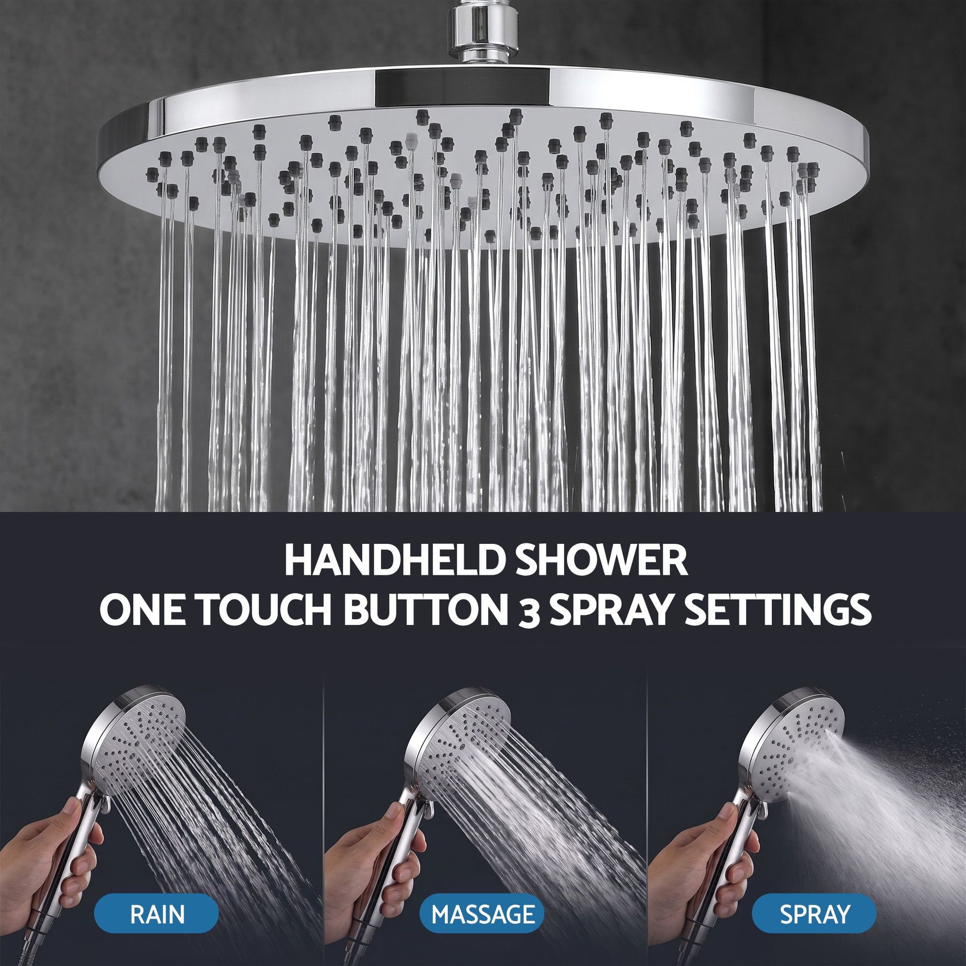 Cefito High-Pressure Shower Heads with Anti-burst 1.5m Hose & 304 S.S Rail, Ideal for Bathroom Upgrades and Pet Washing, 10 Inch Rain & 3-Function Combo Awezingly