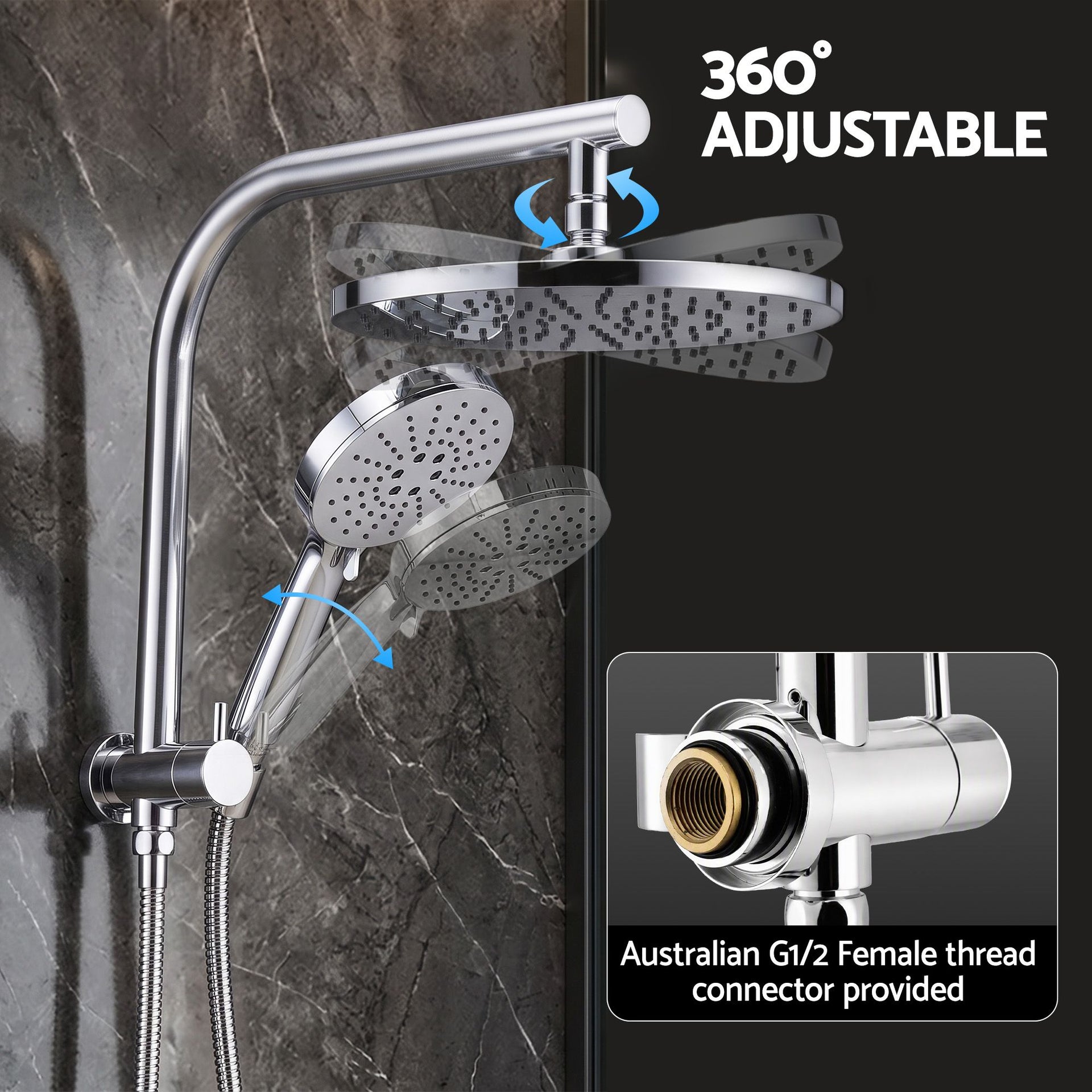 Cefito High-Pressure Shower Heads with Anti-burst 1.5m Hose & 304 S.S Rail, Ideal for Bathroom Upgrades and Pet Washing, 10 Inch Rain & 3-Function Combo Awezingly