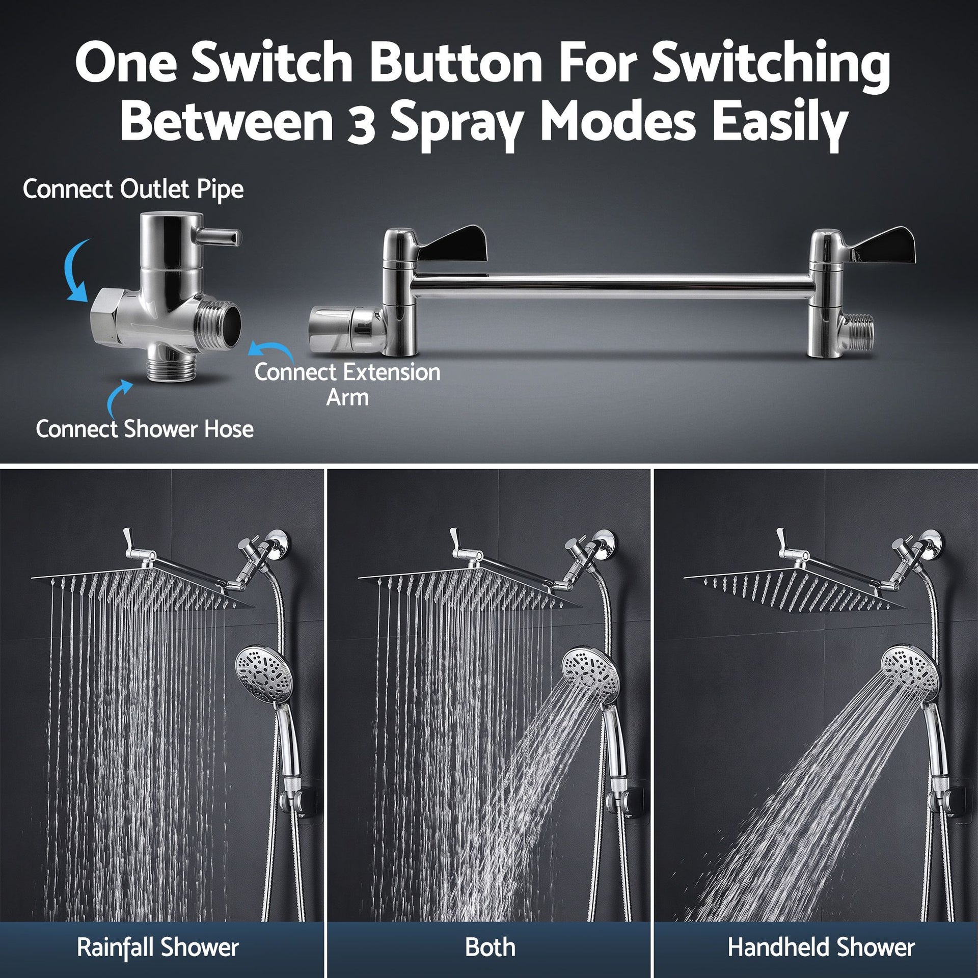 Cefito High-Pressure Rain Shower Head with Handheld, Gear-Lock Anti-Sag Arm for Family Spa, 12