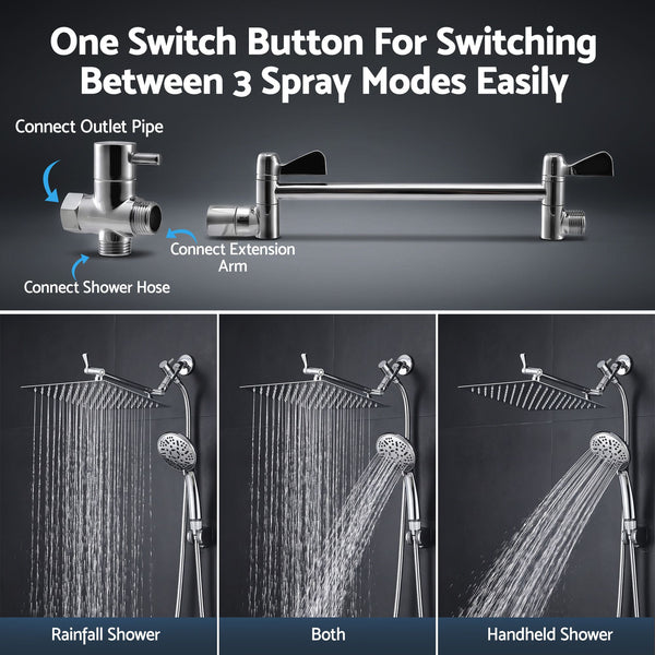 Cefito High-Pressure Rain Shower Head with Handheld, Gear-Lock Anti-Sag Arm for Family Spa, 12