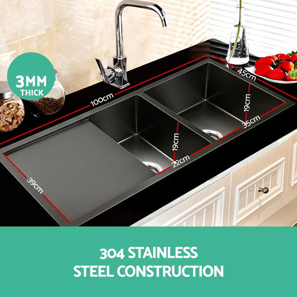 Cefito 100cm x 45cm Stainless Steel Kitchen Sink Under/Top/Flush Mount Black Cefito