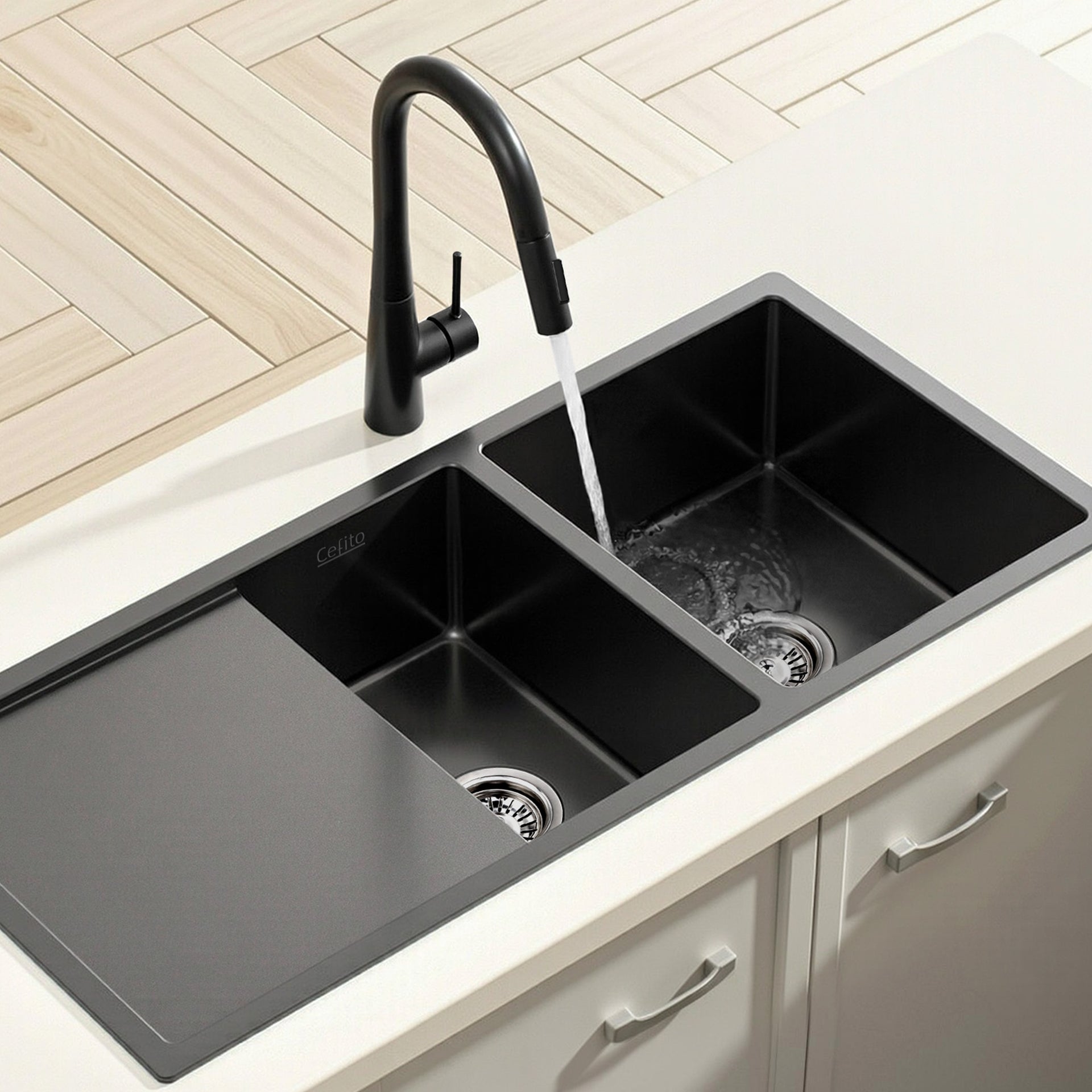 Cefito Stainless Steel Sink 100x45CM With Pull Out Mixer Tap Kitchen Basin Double Bowl Black Awezingly