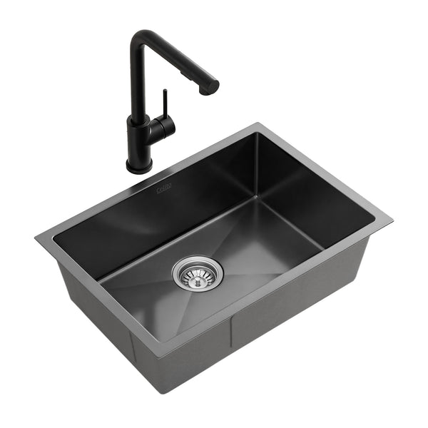 Cefito Stainless Steel Sink 30x45CM With Pull Out Mixer Tap Kitchen Basin Single Bowl Black Awezingly
