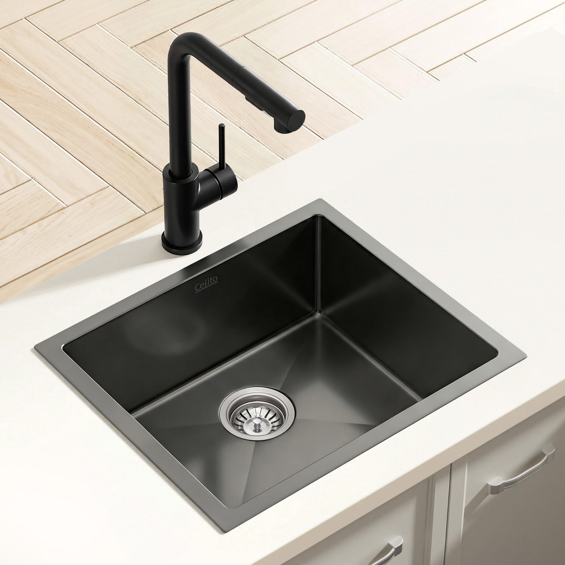 Cefito Stainless Steel Sink 44x44CM With Pull Out Mixer Tap Kitchen Basin Single Bowl Black Awezingly