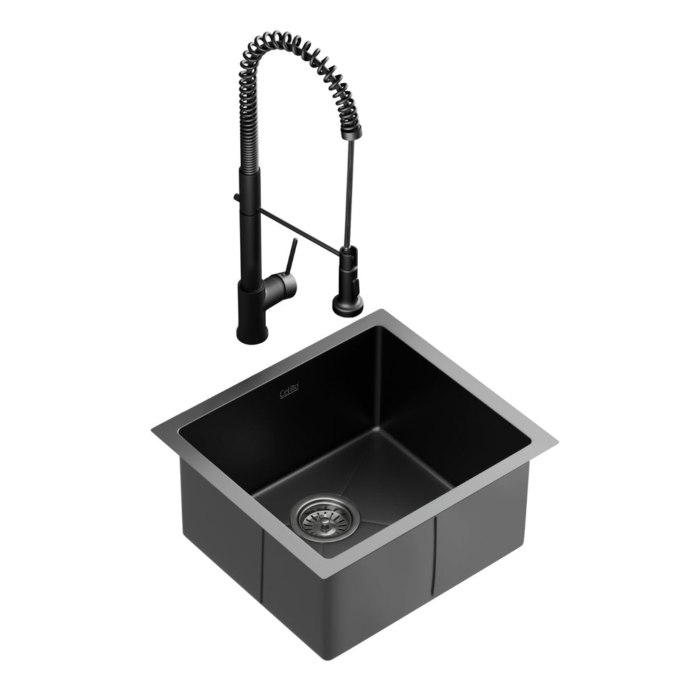 Cefito Stainless Steel Sink 51x45CM With Pull Out Mixer Tap Kitchen Single Bowl Black Cefito