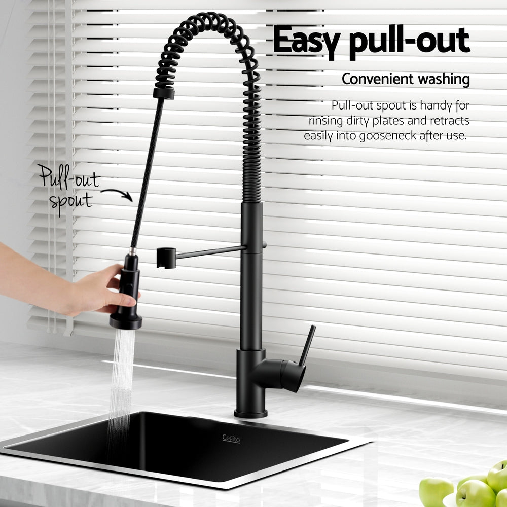 Cefito Stainless Steel Sink 51x45CM With Pull Out Mixer Tap Kitchen Single Bowl Black Cefito