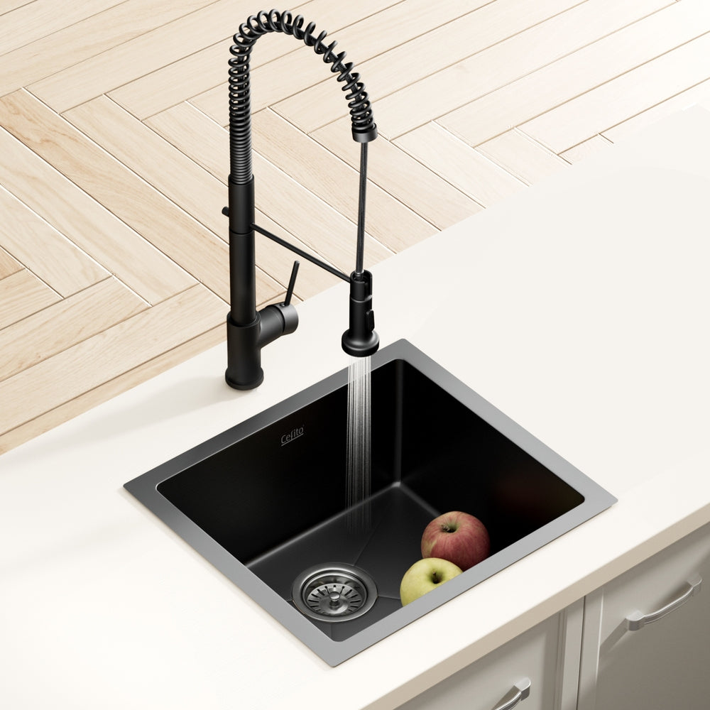 Cefito Stainless Steel Sink 51x45CM With Pull Out Mixer Tap Kitchen Single Bowl Black Cefito