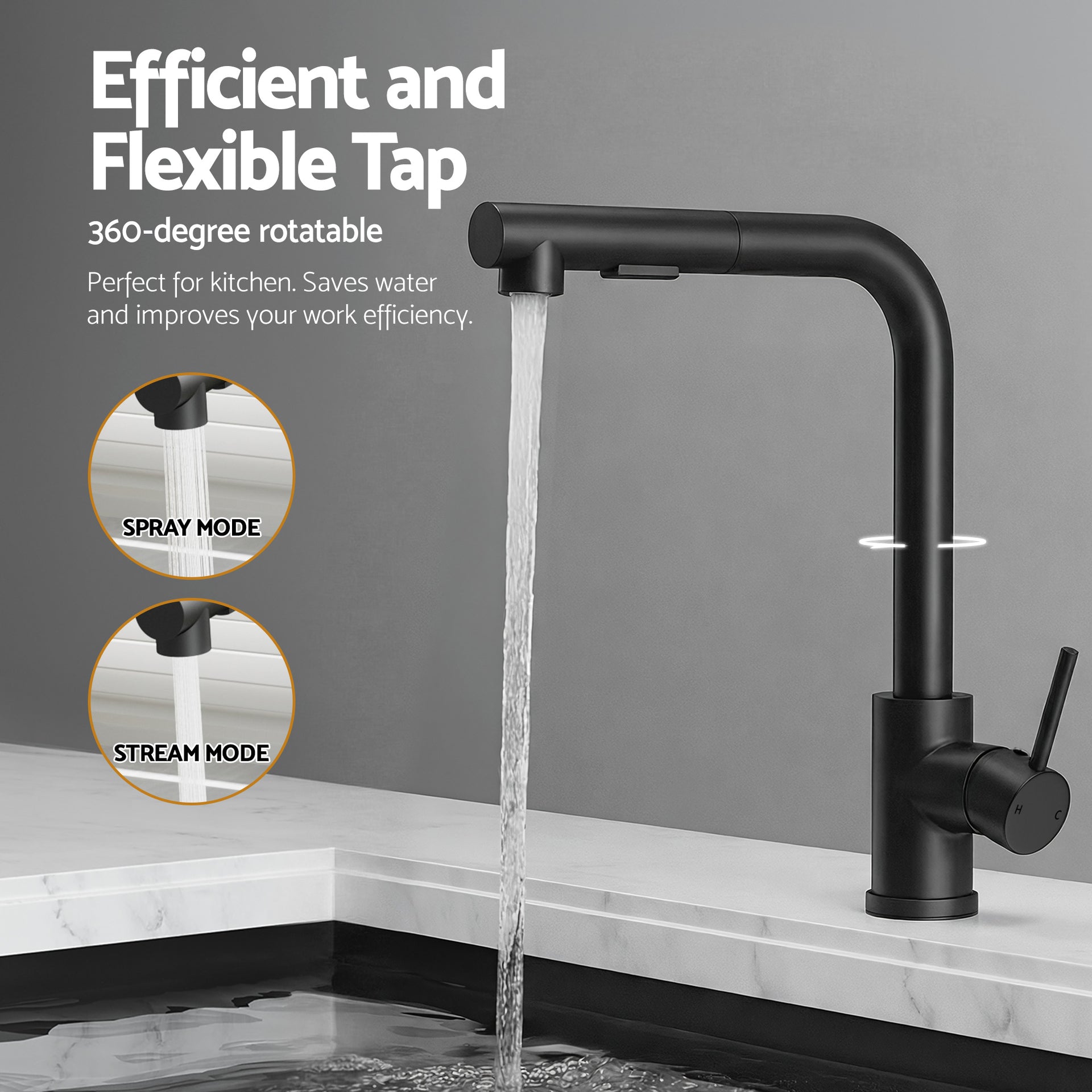 Cefito Stainless Steel Sink 60x45CM With Pull Out Mixer Tap Kitchen Basin Single Bowl Black Awezingly