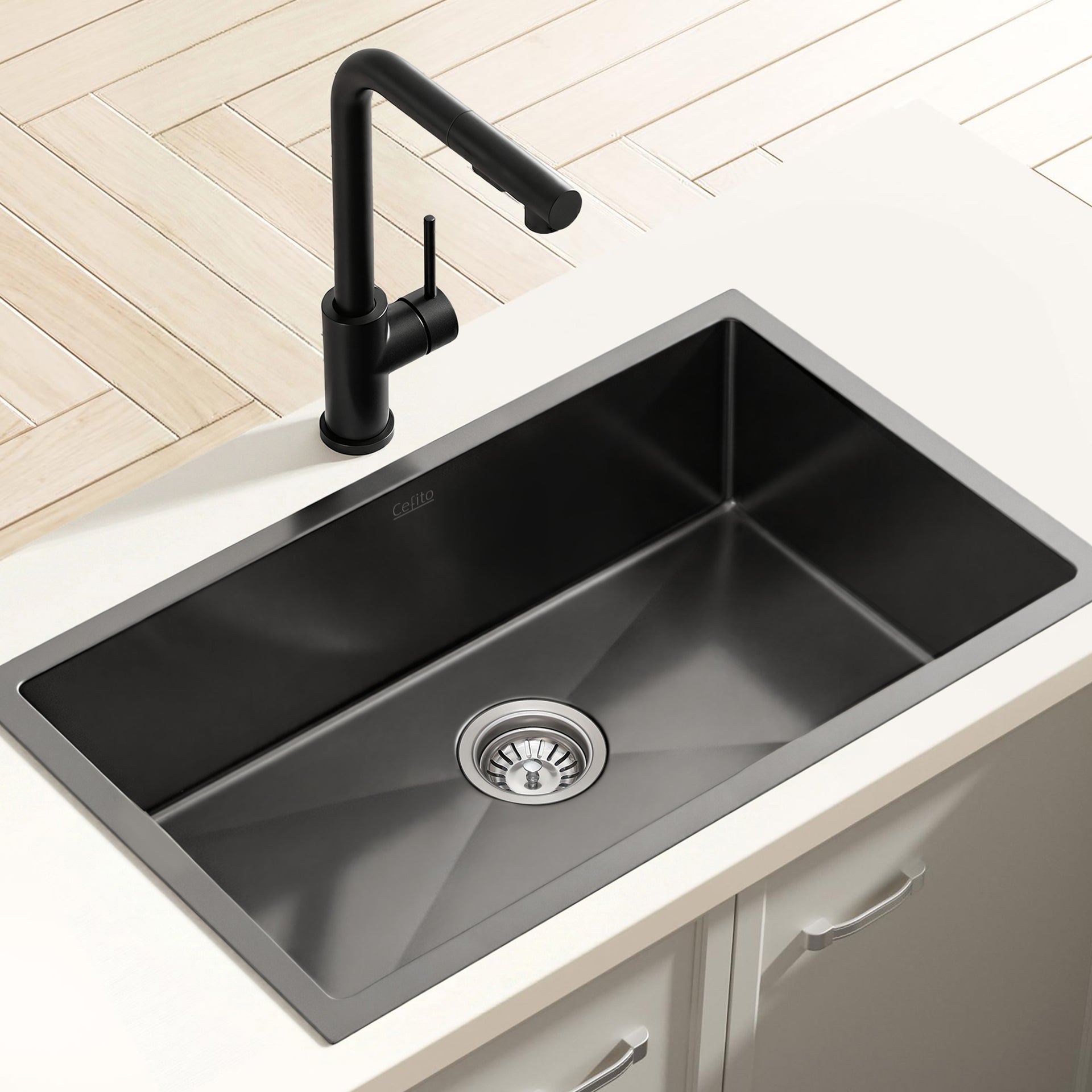 Cefito Stainless Steel Sink 60x45CM With Pull Out Mixer Tap Kitchen Basin Single Bowl Black Awezingly