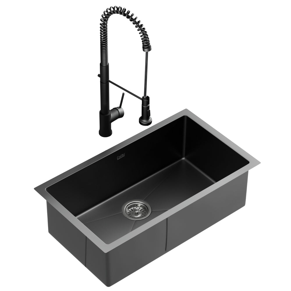 Cefito Stainless Steel Sink 70x45CM With Pull Out Mixer Tap Kitchen Basin Single Bowl Black Cefito