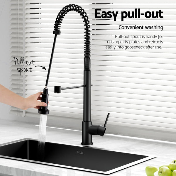Cefito Stainless Steel Sink 70x45CM With Pull Out Mixer Tap Kitchen Basin Single Bowl Black Cefito