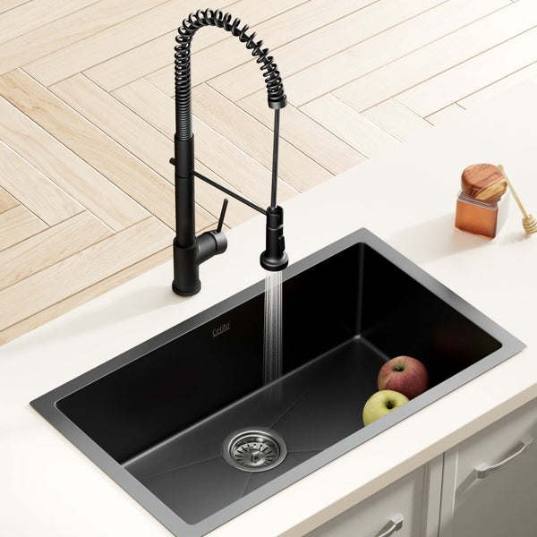 Cefito Stainless Steel Sink 70x45CM With Pull Out Mixer Tap Kitchen Basin Single Bowl Black Cefito