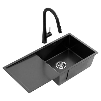 Cefito Stainless Steel Sink 75x45CM With Pull Out Mixer Tap Kitchen Basin Single Bowl Black