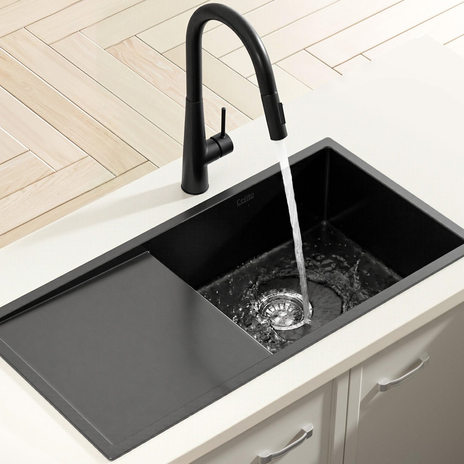 Cefito Stainless Steel Sink 75x45CM With Pull Out Mixer Tap Kitchen Basin Single Bowl Black Awezingly