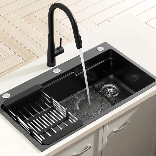Cefito Stainless Steel Sink 75x45CM With Pull Out Mixer Tap Kitchen Basin Single Bowl Black Awezingly