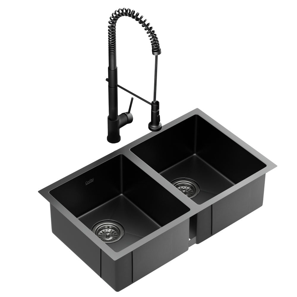 Cefito Stainless Steel Sink 77x45CM With Pull Out Mixer Tap Kitchen Double Bowl Black Cefito