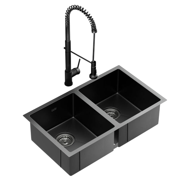 Cefito Stainless Steel Sink 77x45CM With Pull Out Mixer Tap Kitchen Double Bowl Black Cefito