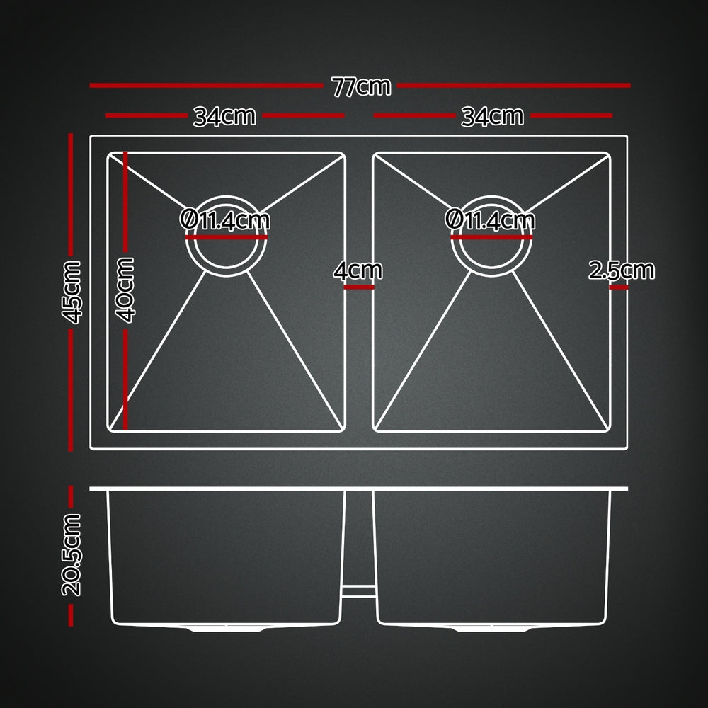 Cefito Stainless Steel Sink 77x45CM With Pull Out Mixer Tap Kitchen Double Bowl Black Cefito
