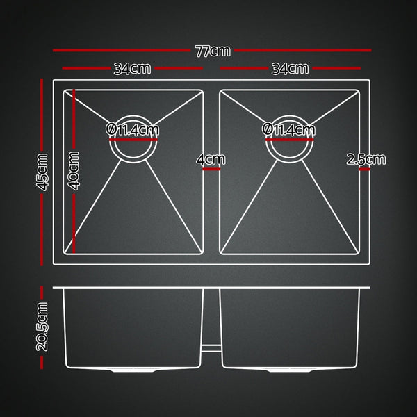 Cefito Stainless Steel Sink 77x45CM With Pull Out Mixer Tap Kitchen Double Bowl Black Cefito