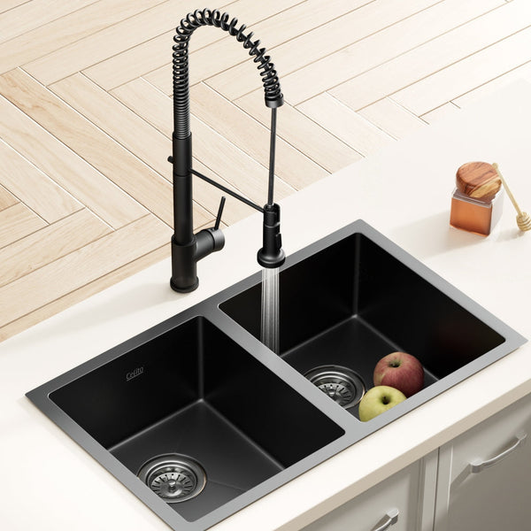 Cefito Stainless Steel Sink 77x45CM With Pull Out Mixer Tap Kitchen Double Bowl Black Cefito