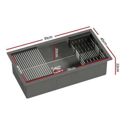 Cefito Stainless Steel Sink 81x45CM With Pull Out Mixer Tap Kitchen Basin Single Bowl Black