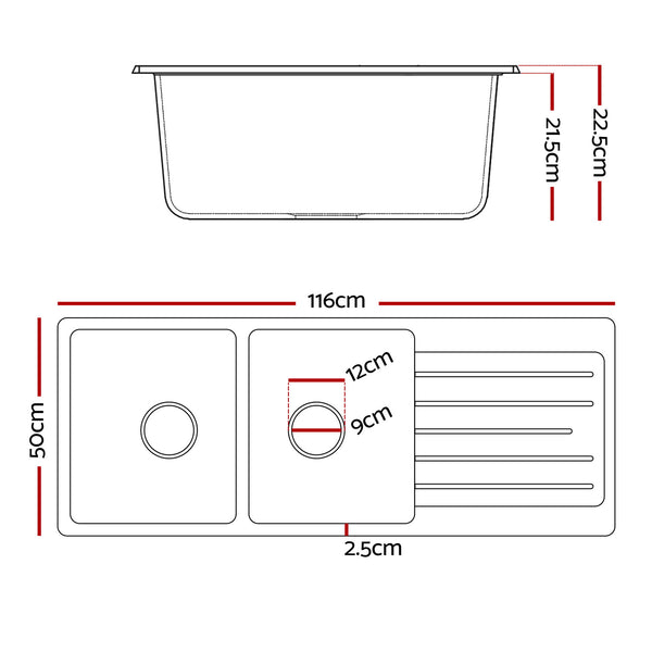 Cefito Kitchen Sink 116x50cm Granite Stone Sink Double Bowl Black Awezingly
